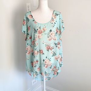 Torrid Light Blue Pink Rose Sheer Keyhole Back Tunic Top Size 00 and Size 1